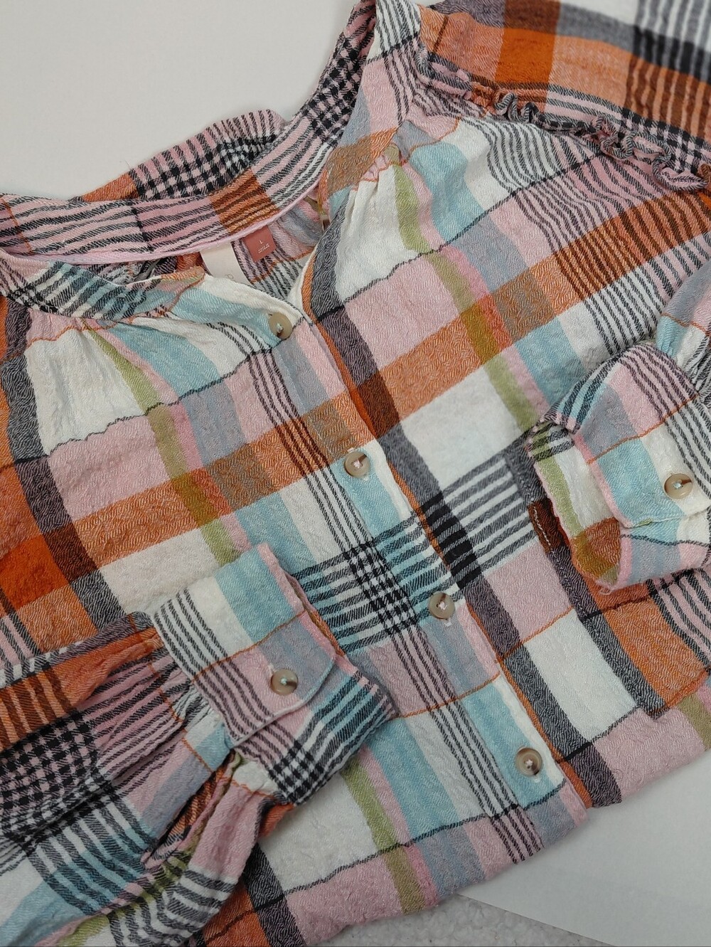 Pilcro Gauze Blouse Plaid Size Large Ruffle - Picture 2 of 6